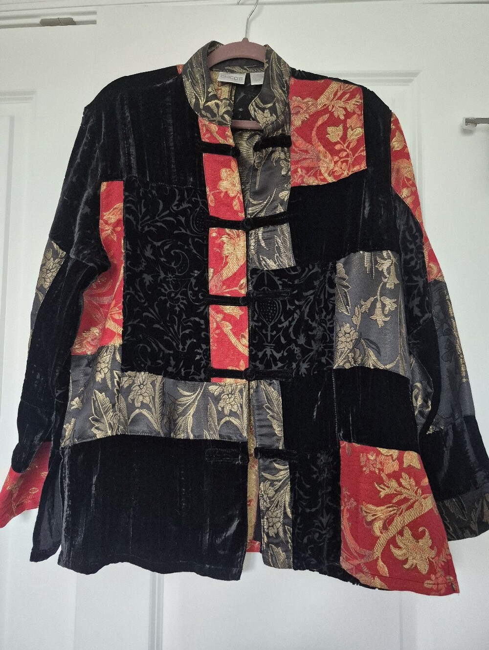 Chico's Black Velvet Jacket with Red and Gold Brocade